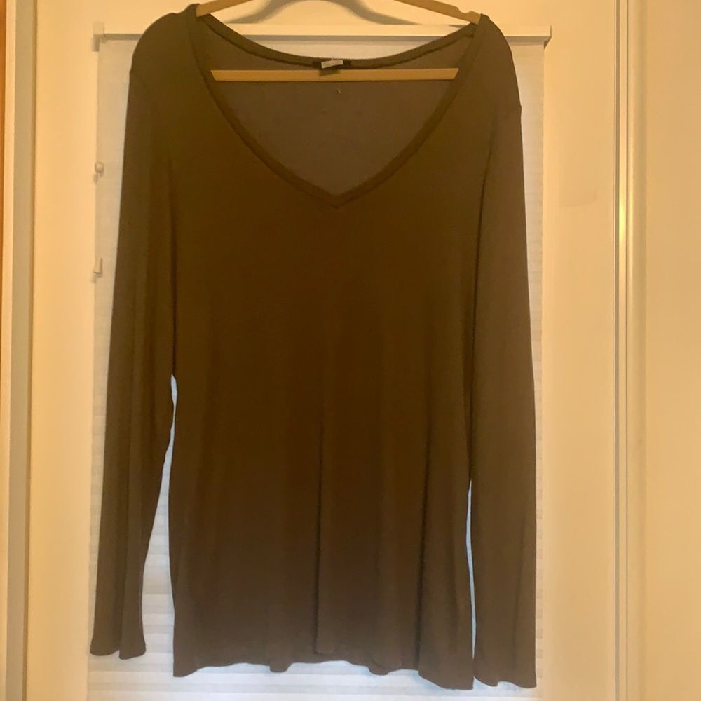 Venus Armyย Green Ribbed V Neck TopโLongโ Sleeve Shirt 2X